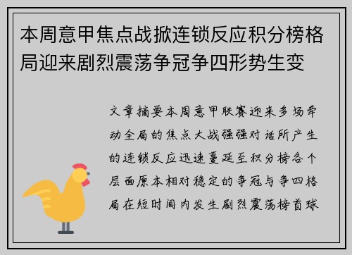 本周意甲焦点战掀连锁反应积分榜格局迎来剧烈震荡争冠争四形势生变